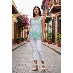 Cecico Women's Sheer Embroidered Turquoise Sleeveless Top